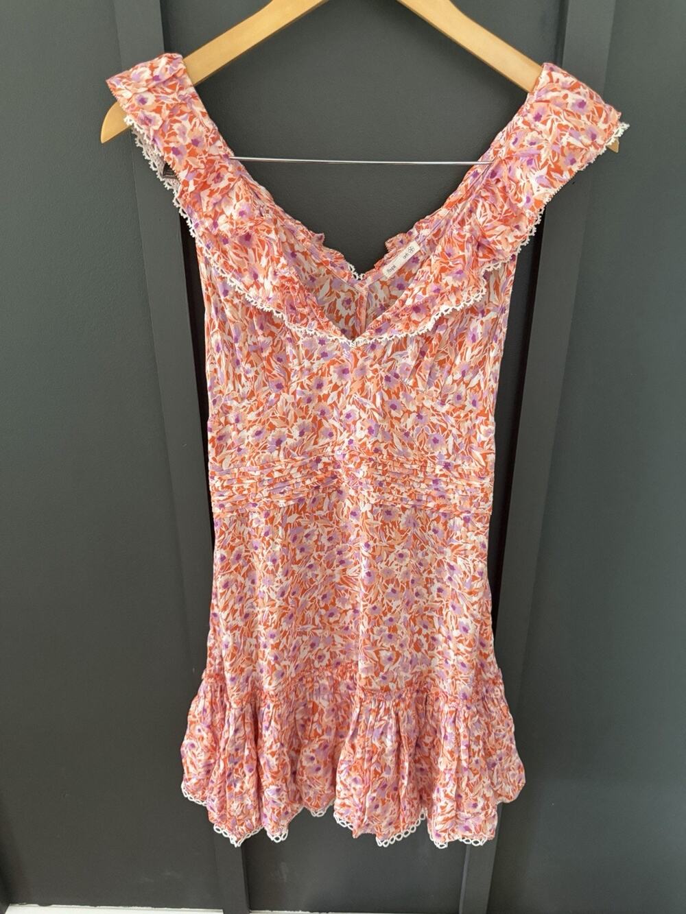 Poupette St Barth Bryan Orange Pink Floral Smocked Mini Dress V-Neck Ruffle XS